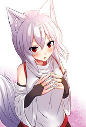  :o animal_ears banned_artist blush bridal_gauntlets detached_sleeves eyebrows_visible_through_hair female gradient gradient_background hair_between_eyes highres inubashiri_momiji looking_at_viewer no_hat no_headwear oohirakeisuke pink_background red_eyes short_hair solo tail touhou white_background white_hair wolf_ears wolf_tail 