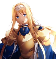  alice_zuberg armor bad_id bad_pixiv_id blonde_hair blue_cape blue_eyes blue_pupils bow cape female gold_armor hairband hairbow highres knight light_rays long_hair looking_at_viewer shoulder_armor simple_background smile solo sword_art_online sword_art_online:_alicization upper_body very_long_hair white_background white_bow white_hairband yoru_kiri 