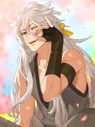  1boy ;) bare_shoulders black_gloves commentary english_commentary fingerless_gloves fox_shadow_puppet gloves japanese_clothes kogitsunemaru long_hair male_focus oerba_yun_fang one_eye_closed open_mouth petals red_eyes sine smile solo touken_ranbu upper_body white_hair 