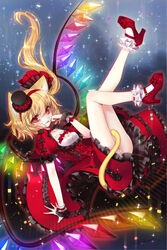  animal_ears bare_legs blonde_hair bow breasts cat_ears cat_tail collarbone commentary_request dress eyebrows female finger_to_mouth fingernails flandre_scarlet frilled_dress frills gothic_lolita hairband hat high_heels highres lace lace-trimmed_dress lace_trim lolita_fashion long_hair mini_hat nail_polish oerba_yun_fang panties pantyshot photoshop_(medium) puffy_short_sleeves puffy_sleeves red_bow red_dress red_eyes red_hairband short_sleeves side_ponytail small_breasts socks solo spinel_(9057) tail touhou underbust underwear white_panties white_socks wings wristband 