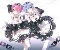  2girls :o arm_up bad_id bad_pixiv_id blue_eyes blue_hair breasts chains cleavage detached_sleeves dress frills hair_ornament hair_over_one_eye hair_ribbon hairband knees_together_feet_apart looking_at_viewer maid maid_headdress medium_breasts multiple_girls nennen pantyhose pink_hair pink_ribbon ram_(re:zero) re:zero_kara_hajimeru_isekai_seikatsu rem_(re:zero) ribbon roswaal_mansion_maid_uniform short_hair siblings sisters twins white_legwear x_hair_ornament 