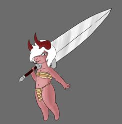  anthro bottomwear clothing demon fangs female frostedscales grey_background hair horn loincloth loli_demon melee_weapon pink_body pink_scales scales simple_background solo sword teeth weapon white_hair wide_hips young 