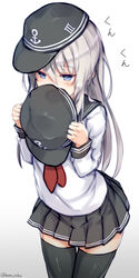  absurdres anchor_symbol black_skirt black_thighhighs blue_eyes blush commentary_request female flat_cap grey_hair hair_between_eyes hat hibiki_(kancolle) highres holding holding_clothes holding_hat kantai_collection katoroku long_hair long_sleeves looking_away miniskirt pleated_skirt school_uniform serafuku simple_background skirt smelling solo sound_effects_only thighhighs translated twitter_username unworn_hat unworn_headwear zettai_ryouiki 