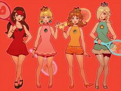  4girls artist_name bellhenge blonde_hair breasts brooch brown_hair cleavage commentary crown dress earrings hair_over_one_eye hand_on_own_hip high_heels jewelry long_hair looking_at_viewer mario_(series) mario_tennis mario_tennis_aces medium_hair mini_crown multiple_girls official_alternate_costume paint.net_(medium) pantyhose pauline_(mario) ponytail princess_daisy princess_peach racket rosalina short_dress short_shorts shorts sleeveless smile sportswear standing super_mario_galaxy tennis_daisy tennis_pauline tennis_peach tennis_racket tennis_rosalina tennis_uniform visor_cap wristband 