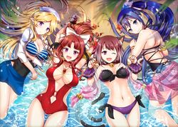  4girls akino_(princess_connect!) akino_(summer)_(princess_connect!) animal_ear_fluff animal_ears asahi_yanagi beach bell bikini blonde_hair blue_eyes blue_hair blush bow breasts brown_hair cat_ears cat_girl cat_tail choker clothing_cutout commentary_request elf flower hair_flower hair_ornament hairbow halterneck large_breasts looking_at_viewer lying mifuyu_(princess_connect!) mifuyu_(summer)_(princess_connect!) multiple_girls multiple_tails navel navel_cutout neck_bell on_back one-piece_swimsuit one_eye_closed open_mouth parted_bangs partial_commentary paw_pose pointy_ears ponytail princess_connect! purple_eyes red_hair red_one-piece_swimsuit sand short_hair smile striped_bikini striped_clothes swimsuit tail tamaki_(princess_connect!) tamaki_(summer)_(princess_connect!) water yukari_(princess_connect!) yukari_(summer)_(princess_connect!) 