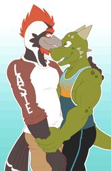  2016 anthro anti_dev avian beak biceps bird bottomwear clothed clothing crew_(anti_dev) digital_media_(artwork) duo facial_hair feathers hi_res horn hug male male/male muscular muscular_male nipples open_mouth pants pecs picid pileated_woodpecker reptile scales scalie shirt simple_background smile standing tank_top teeth tongue topwear whitaker_(anti_dev) woodpecker 