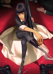  amputee black_hair blood blunt_bangs commentary_request corpse cup double_amputee drinking_glass female from_above gazelle_(kingsman) holding holding_weapon kingsman:_the_secret_service looking_at_viewer pink_blood prosthesis prosthetic_leg sine sitting smile smirk sparkle weapon 