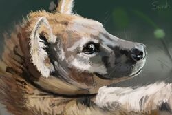  2016 brown_body brown_eyes brown_fur english_text facial_expression feral fur hyena mammal signature smile solo spotted_hyena swish text traditional_media_(artwork) 