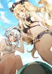  2girls @_@ anne_bonny_(fate) anne_bonny_(swimsuit_archer)_(fate) anne_bonny_(swimsuit_archer)_(first_ascension)_(fate) ball beachball belt bikini black_bikini blonde_hair blue_eyes blush chibirisu cloud commentary_request day fate/grand_order fate_(series) hat highres long_hair mary_read_(fate) mary_read_(swimsuit_archer)_(fate) mary_read_(swimsuit_archer)_(first_ascension)_(fate) midriff multiple_girls navel outdoors pirate_hat red_eyes scar short_hair shorts sky swimsuit twintails white_bikini white_hair 