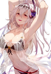  absurdres armpits arms_up bikini black_bikini breasts cleavage cowboy_shot dark_jeanne female front-tie_bikini_top front-tie_top gradient_hair granblue_fantasy hair_between_eyes hair_intakes hair_ornament halterneck highres jeanne_d&#039;arc_(granblue_fantasy) kakage large_breasts long_hair multicolored_hair navel o-ring o-ring_bikini o-ring_top open_mouth photoshop_(medium) purple_hair red_eyes scan see-through side-tie_bikini_bottom smile solo swimsuit two-tone_hair very_long_hair white_hair 