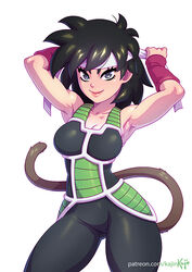  armor armpits artist_name bardock bardock_(cosplay) bare_shoulders black_hair black_pants breasts commentary contrapposto cosplay cowboy_shot detached_sleeves dragon_ball dragon_ball_minus dragon_ball_z english_commentary female gine headband kajin_(kajinman) medium_breasts monkey_tail pants patreon_username photoshop_(medium) saiyan_armor short_hair simple_background smile solo spiked_hair tail tying_headband web_address white_background white_headband 