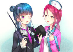  2girls :d ;d bad_id bad_pixiv_id black_hat blue_hair cardigan eye_contact flower gradient_background hair_between_eyes hair_bun hat highres holding holding_clothes holding_hat long_hair looking_at_another love_live! love_live!_sunshine!! multiple_girls necktie nurse nurse_cap one_eye_closed open_cardigan open_clothes open_mouth parted_bangs pink_cardigan ponytail purple_eyes purple_necktie ranmaruuuu00 red_hair sakurauchi_riko shirt single_hair_bun smile tsushima_yoshiko unworn_hat unworn_headwear upper_body white_background white_flower white_shirt yellow_eyes 