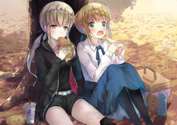  2girls against_tree ahoge artoria_pendragon_(fate) bad_id bad_pixiv_id basket black_jacket black_pantyhose black_ribbon black_shirt black_shorts blonde_hair blue_ribbon blue_skirt blush burger collarbone copyright_name day dual_persona fate/grand_order fate_(series) food green_eyes hair_ribbon highres holding holding_food hood hooded_jacket jacket jewelry long_skirt multiple_girls neck_ribbon necklace official_alternate_costume open_clothes open_jacket open_mouth outdoors pantyhose ponytail ranmaruuuu00 ribbon saber_(fate) saber_alter saber_alter_(ver._shinjuku_1999)_(fate) sandwich shirt short_hair short_shorts shorts sidelocks sitting skirt tree white_shirt yellow_eyes 