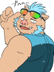  3:4 anthro blue_facial_hair blue_hair blue_sideburns blush bodily_fluids eyewear facial_hair ganglie_(tas) hair lifewonders looking_back male mammal mohawk muscular muscular_anthro muscular_male nunutaro3 sideburns slightly_chubby solo suid suina sunglasses sus_(pig) sweat tokyo_afterschool_summoners wetsuit wild_boar 