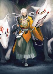  1boy black_gloves branch commentary_request fangs fox full_body gloves hakama hakama_skirt japanese_clothes kimono kitsune kogitsunemaru male_focus partially_fingerless_gloves red_eyes sandals sharp_teeth sine skirt smile smirk sword tabi teeth touken_ranbu weapon white_hair yellow_eyes 