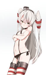  amatsukaze_(kancolle) bad_id bad_pixiv_id bare_shoulders breasts brown_eyes choker cowboy_shot crossed_arms female hair_tubes highres kantai_collection long_hair looking_at_viewer mitsudoue navel panties side-tie_swimsuit sideboob simple_background small_breasts solo striped_clothes striped_thighhighs swimsuit thighhighs two_side_up underwear white_background white_hair 