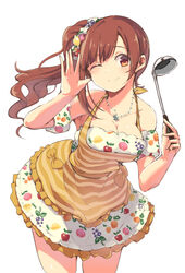  apple apple_print apron arm_up armpit_peek asymmetrical_hair bare_shoulders blunt_bangs blush bow breasts brown_hair cleavage closed_mouth collarbone commentary_request cowboy_shot detached_sleeves dress female food food_print frilled_apron frilled_dress frills fruit grape_print grapes hair_ornament hair_scrunchie halterneck highres holding holding_ladle idolmaster idolmaster_cinderella_girls igarashi_kyoko jewelry ladle large_breasts leaning_forward lemon lemon_print long_hair necklace one_eye_closed orange_(fruit) peach peach_print raised_eyebrow scrunchie shiny_skin side_ponytail sidelocks simple_background sleeveless sleeveless_dress smile solo swept_bangs tareme tsukimura white_background white_dress yellow_apron yellow_bow yellow_eyes 