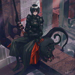  1boy armor axe black_cat black_hair city_guard_(infukun) commentary_request demon_wings facial_mark feline food food_request headpat highres infukun licking looking_at_viewer monster_boy photoshop_(medium) pixiv_fantasia pixiv_fantasia_last_saga red_hair signature sitting slit_pupils smile tail weapon wings 