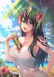  althea_(sakiya0000) beach black_hair blue_sky blush breasts can cleavage cloud collarbone commentary_request condensation day dress female flower hair_flower hair_ornament highres holding holding_can large_breasts long_hair ocean open_mouth original outdoors palm_tree purple_eyes sand shade sidelocks sky sleeveless sleeveless_dress solo sunlight sweat tareme tree white_dress 