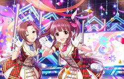  2girls across_the_stars_(idolmaster) artist_request blunt_bangs blush brown_eyes brown_hair dancing dress gloves idolmaster idolmaster_cinderella_girls idolmaster_cinderella_girls_starlight_stage kawashima_mizuki long_hair looking_at_viewer low_ponytail multiple_girls official_art ogata_chieri one_eye_closed open_mouth ponytail smile stage twintails unmoving_pattern 