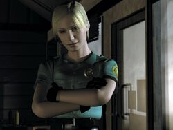  3d blonde_hair blue_eyes crossed_arms cybil_bennett female gloves konami official_art police police_badge police_uniform policewoman short_hair silent_hill uniform 