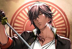  1boy black_gloves brown_hair close-up dark-skinned_male dark_skin gloves hair_over_one_eye holding holding_sword holding_weapon jacket looking_at_viewer male_focus ookurikara open_clothes open_jacket protected_link sine solo sword touken_ranbu weapon yellow_eyes 