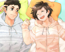  1boy :d aotama black_hair brown_hair closed_eyes commentary_request female haikyuu!! hand_up hood hoodie looking_at_another loungewear lying michimiya_yui on_back open_mouth pillow sawamura_daichi short_hair smile straight twitter_username zipper 