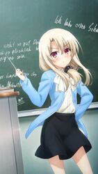  &gt;:t :t absurdres black_skirt blush cardigan chalkboard classroom contrapposto cosplay cowboy_shot ellen_baker ellen_baker_(cosplay) eyebrows_visible_through_hair fate/kaleid_liner_prisma_illya fate_(series) female female german_text hair_ornament hair_over_shoulder hair_scrunchie hand_on_hip hand_up highres holding illyasviel_von_einzbern indoors light_brown_hair long_hair long_sleeves new_horizon official_art pointer polka_dot red_eyes scrunchie sidelocks skirt solo teacher v-shaped_eyebrows 