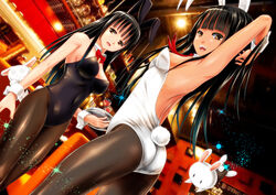  2girls :d animal_ears ano_hito arms_up ass bad_id bad_pixiv_id black_hair breasts brown_eyes commentary_request detached_collar dutch_angle flying from_below glass magic medium_breasts multiple_girls open_mouth pantyhose photo_background playboy_bunny rabbit rabbit_ears rabbit_tail small_breasts smile standing tail tray wrist_cuffs 