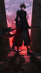  androgynous armor axe black_armor black_footwear black_hair black_legwear city_guard_(infukun) commentary_request crack facial_mark forehead_mark gauntlets gender_request highres holding holding_axe holding_weapon indoors infukun looking_at_viewer photoshop_(medium) pixiv_fantasia pixiv_fantasia_last_saga red_eyes short_hair solo standing tail weapon 