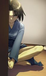  bad_id bad_twitter_id bare_legs barefoot black_eyes black_hair closed_mouth commentary_request crossed_legs expressionless female indian_style japanese_clothes kara_no_kyoukai kawanakajima looking_at_viewer own_hands_together panties ryougi_shiki short_hair sitting solo underwear white_panties 