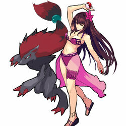  arm_up bikini brown_eyes brown_hair commentary_request crossover fate/grand_order fate_(series) female highres holding holding_poke_ball jirusu long_hair midriff navel poke_ball poke_ball_(basic) pokemon pokemon_(creature) scathach_(fate) scathach_(swimsuit_assassin)_(fate) simple_background swimsuit thighs white_background zoroark 