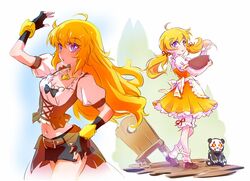  aged_down ahoge apron bear blonde_hair bloomers bodice commentary_request dress dual_persona female goldilocks_(grimm) goldilocks_and_the_three_bears grimm_(rwby) iesupa long_hair looking_at_viewer midriff navel orange_dress puffy_short_sleeves puffy_sleeves purple_eyes rwby short_sleeves twintails underbust underwear ursa_(rwby) yang_xiao_long 