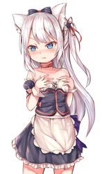  :t absurdres animal_ear_fluff animal_ears apron azur_lane bare_shoulders black_bow black_dress blue_eyes blush bow cat_ears cat_hair_ornament closed_mouth collarbone commentary_request cowboy_shot detached_sleeves dress female frilled_dress frills grey_hair hair_ornament hair_ribbon hairbow hammann_(azur_lane) hammann_(retrofit)_(azur_lane) highres keiran_(ryo170) long_hair one_side_up pout puffy_short_sleeves puffy_sleeves red_ribbon ribbon short_sleeves simple_background solo strapless strapless_dress v-shaped_eyebrows very_long_hair waist_apron white_apron white_background wrist_cuffs 