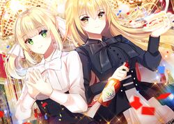  2girls bad_id bad_pixiv_id black_bow black_shirt black_skirt blonde_hair blunt_bangs blush bottle bow bowtie cake dress_shirt dutch_angle ecu8080 floating_hair food green_eyes hair_between_eyes hair_ornament high-waist_skirt highres holding holding_bottle indoors long_hair looking_at_viewer multiple_girls original ponytail shirt skirt smile standing tabasco upper_body very_long_hair white_bow white_shirt yellow_eyes 