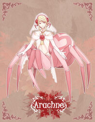  1boy androgynous arachne awii blonde_hair closed_mouth elbow_gloves flower full_body gloves hair_flower hair_ornament male_focus monster_boy original pink_eyes rose simple_background smile solo spider trap veil white_gloves 