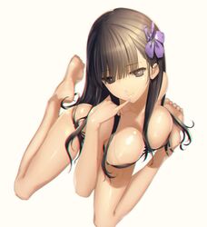  akui_(nijiura_maids) bad_id bad_twitter_id bare_legs bikini black_eyes black_hair blurry breasts chromatic_aberration commentary_request female finger_to_mouth flower futaba_channel hair_flower hair_ornament heart heart-shaped_pupils kawanakajima large_breasts long_hair nijiura_maids orchid pinky_out sitting smile solo swimsuit symbol-shaped_pupils wariza white_background 