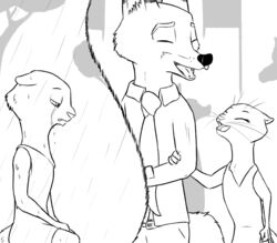  2019 a-signature anthro black_nose bodily_fluids canid canine clothed clothing crying disney female fox fur hi_res kris_(zootopia) laugh male mammal monochrome mustelid necktie nick_wilde otter raining red_fox tears true_fox whiskers zootopia 