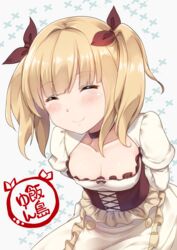  blonde_hair bow choker closed_eyes closed_mouth commentary_request corset dress eyebrows female frilled_dress frills hairbow highres iijima_yun long_sleeves new_game! puffy_sleeves smile solo sorano_(12gou) two_side_up 