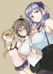  3girls ahoge aoi_manabu black_flower black_hairband black_rose black_skirt blonde_hair blush breast_envy breasts brown_eyes brown_hair button_gap buttons collarbone commentary dagashi_kashi ear_piercing earrings endou_saya flower frills glasses green_eyes hair_ornament hairband hairclip high-waist_skirt jewelry large_breasts looking_at_viewer miniskirt multiple_girls name_tag oerba_yun_fang open_mouth owari_hajime pantyhose pencil_skirt piercing ponytail purple_hair ribbon rose sanpaku semi-rimless_eyewear shidare_hotaru shirt short_hair skirt small_breasts smile suspender_skirt suspenders tan_background tank_top tight_clothes tight_shirt 