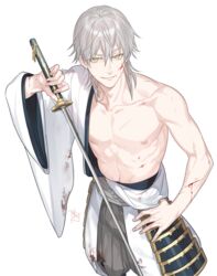  1boy blood blood_on_clothes blood_on_face cowboy_shot cuts from_above hand_on_own_hip holding holding_sword holding_weapon injury male_focus nipples parted_lips simple_background sine smile solo sword touken_ranbu tsurumaru_kuninaga weapon white_background white_hair yellow_eyes 