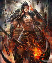  1boy armor black_hair brown_eyes commentary_request embers facial_mark forehead_mark glowing glowing_eye grey_sky heterochromia holding holding_weapon jewelry kei1115 lightning looking_at_viewer male_focus muscular necklace official_art outdoors parted_lips photoshop_(medium) pixiv_username red_eyes scythe shingoku_no_valhalla_gate shoulder_armor skull_necklace sky solo standing tattoo tooth_necklace tower watermark weapon web_address 