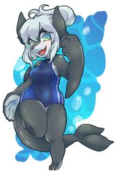  blue_eyes canine furry hybrid open_mouth powderkona shark short_hair swimsuit white_hair 