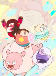  1boy 4others :d :o aa2233a amethyst_(steven_universe) arms_up artist_name brown_hair chibi chinese_commentary closed_eyes colored_skin commentary_request english_commentary forehead_jewel garnet_(steven_universe) gem goggles lion lion_(steven_universe) long_hair male_focus mixed-language_commentary multiple_others open_mouth pearl_(steven_universe) photoshop_(medium) pink_hair polearm purple_skin red_skin rose_quartz_universe shield smile spear star_(symbol) steven_quartz_universe steven_universe watermark weapon white_hair 