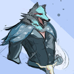  1:1 anthro belt_buckle big_lincoln blue_body blue_fur buckle canid canine canis clothing dingaling_productions fur glowing glowing_eyes humanoid jacket leather leather_clothing leather_jacket leather_topwear lisa_the_joyful lisa_the_painful male mammal painsaw red_eyes simple_background solo teeth tongue topwear wolf 