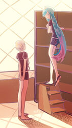  2others ahoge alexandrite_(houseki_no_kuni) androgynous arms_behind_back blue_eyes blue_hair commentary gem_uniform_(houseki_no_kuni) ghost_quartz_(houseki_no_kuni) highres houseki_no_kuni indoors ladder long_hair looking_at_another mono_(bluesky) multiple_others other_focus paper shelf short_hair short_hair_with_long_locks smile very_long_hair white_hair window 