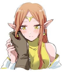  1boy blush brown_hair chronoa colored_skin dragon_ball dragon_ball_heroes dress earrings female gloves hand_on_another&#039;s_face jewelry long_hair pink_skin pointy_ears potara_earrings source_request yellow_dress yellow_eyes 