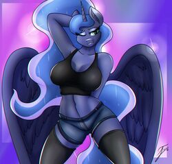  2018 absolute_territory absurd_res alicorn anthro anthrofied bite biting_lip biting_own_lip blue_body blue_feathers bottomwear bra breasts cleavage clothed clothing conditional_dnp cosmic_hair equid equine ethereal_hair eyebrows eyelashes eyeshadow feathered_wings feathers female friendship_is_magic grin hair hand_behind_head hasbro hi_res horn legwear long_hair looking_at_viewer makeup mammal mascara my_little_pony mythological_creature mythological_equine mythology navel nexcoyotlgt one_eye_closed portrait pose princess_luna_(mlp) pseudo_hair purple_background seductive self_bite shorts signature simple_background smile solo sports_bra standing stockings teal_eyes teeth thigh_highs three-quarter_portrait underwear wings wink 