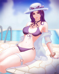  alternate_costume alternate_hair_color bangle bikini blurry blurry_background bracelet caitlyn_(league_of_legends) closed_mouth commentary_request criss-cross_halter eyewear_on_head female halterneck hat highres jewelry league_of_legends lips long_hair looking_at_viewer mcdobo nail_polish o-ring o-ring_bikini off_shoulder open_clothes open_shirt outdoors photoshop_(medium) pool_party_caitlyn purple_eyes purple_hair purple_nails signature solo sun_hat sunglasses swimsuit thigh_strap 