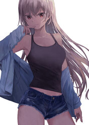  absurdres ass_visible_through_thighs backlighting bare_shoulders blue_shorts breasts collarbone commentary contrapposto cowboy_shot cutoffs denim denim_shorts female finger_to_mouth hair_between_eyes hand_up head_tilt highres jacket kyota07 light_smile long_hair looking_at_viewer micro_shorts midriff midriff_peek off_shoulder open_clothes open_jacket original red_eyes short_shorts shorts sidelocks simple_background solo standing tank_top unzipped white_hair zipper 